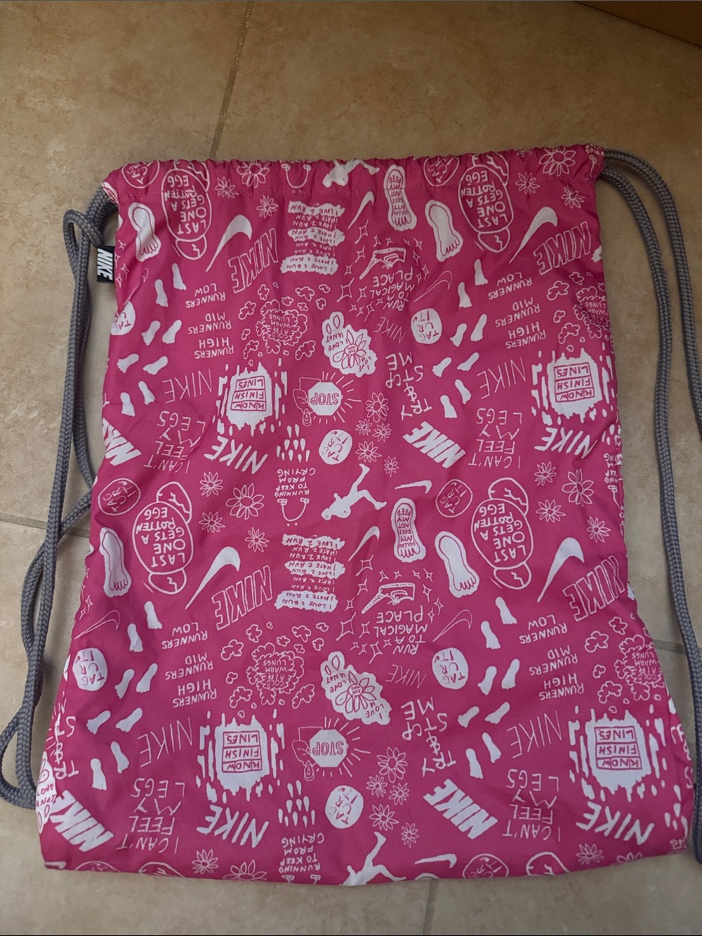 Nike Pink Logo-Print Drawstring Bag with Gray Cords